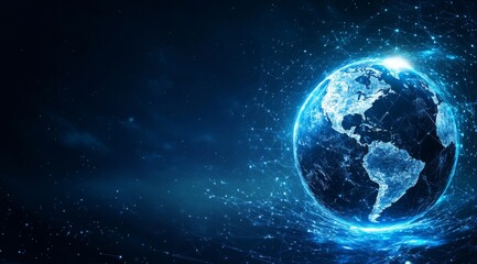 Fototapeta premium This artwork showcases a glowing digital globe surrounded by a network, set against a vibrant cosmic backdrop, encouraging reflection on digital connections and future communication