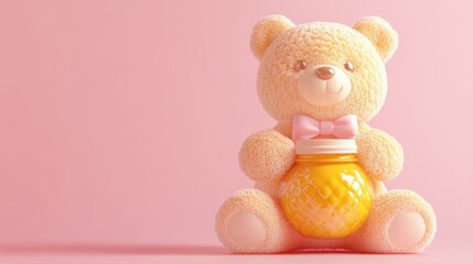 Cute Teddy Bear Holding Honey Jar on Pink Background
