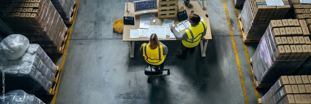 Poster warehouse operations logistics team manages inventory efficiently, focusing on teamwork, inventory c