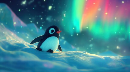 Obraz premium Cute Penguin Watching the Northern Lights in Snowy Landscape