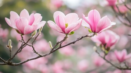 Obraz premium Pink magnolia flowers blooming in spring garden