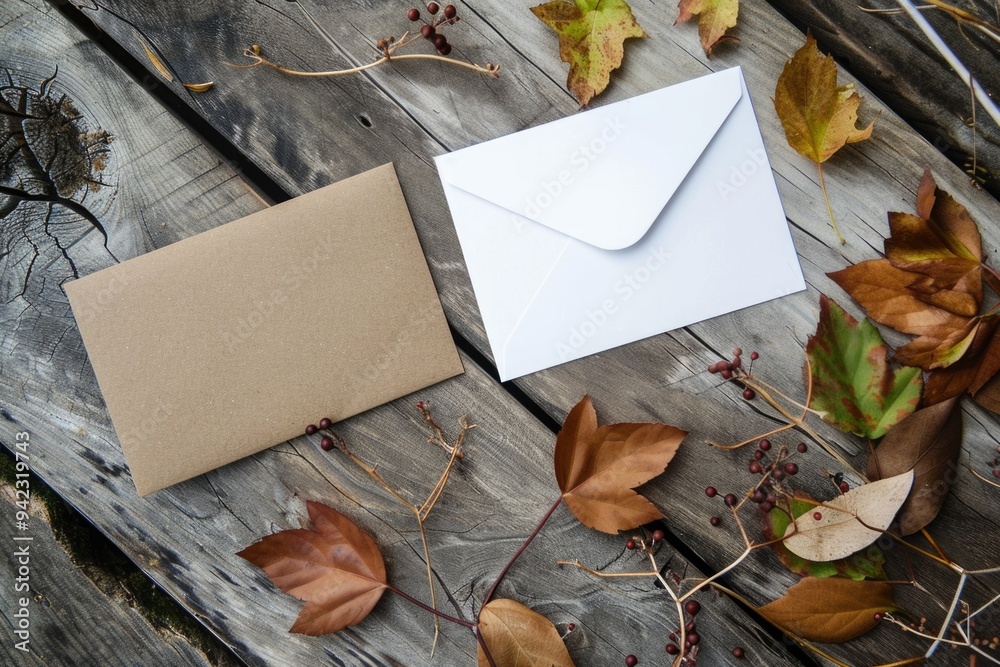 Poster a single white envelope sits on top of a wooden table, ready for use
