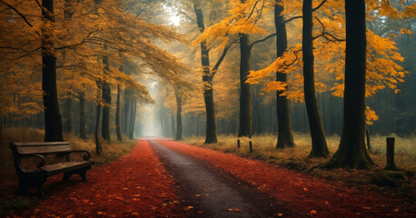 Beautiful Autumn Park with a Bench in Orange Tones