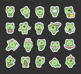 Cute kawaii frog. Sticker Bookmark. Funny little toad character. Hand drawn style. Vector drawing. Collection of design elements.