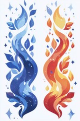 Naklejka premium Abstract Fire and Water Design with Swirls and Leaves