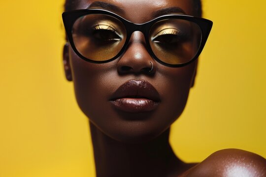 A close-up shot of a woman with glasses looking straight into the camera