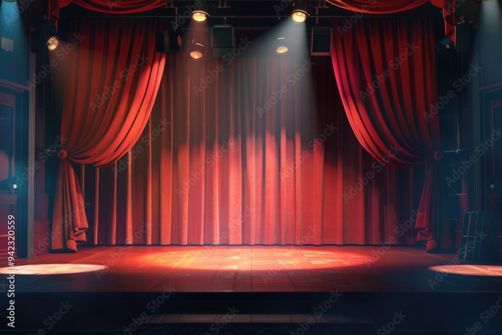 Poster a empty stage with red curtains and spotlights, ideal for theatrical performances or presentations