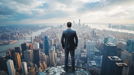 Fototapeta premium Businessman on top of the world with city skyline generative ai