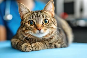 Fototapeta premium A curious tabby cat with striking eyes resting comfortably on a table, showcasing its playful demeanor and adorable features.