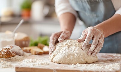 Fototapeta premium A person kneading dough on a wooden surface in a kitchen setting.