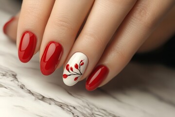Elegant red nails with delicate floral design showcased on a marble surface, emphasizing a modern manicure style