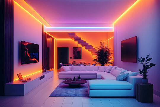 Modern living room with neon led light, generative ai, high ceiling, and warm colorful led sign light as the wall blends in with the furniture's design.