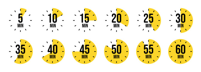 Simple stopwatch icons. Colorful chronometer, time counter with dial. Countdown timer showing hours and minutes. Deadline, measurement for sport. Cooking time label, sticker. Vector illustration