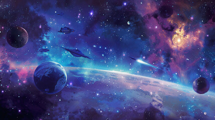 Obraz premium Space Odyssey backdrop in bold colors: Background: Cosmic scenes with planets, stars, and spaceships.