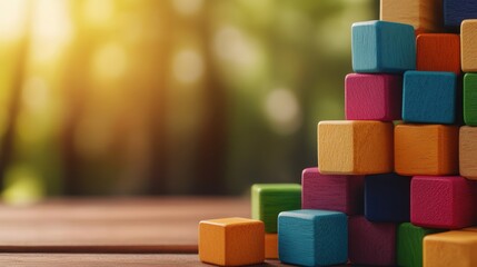 Colorful wooden blocks stacked together on a wooden surface with a soft blurred background of greenery and warm sunlight.