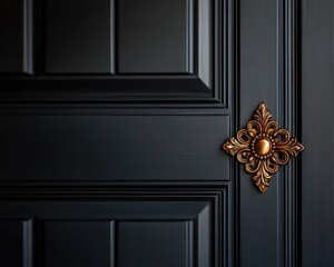 Elegant black door with ornate metallic decoration, perfect for home design, architecture themes, or vintage decor inspiration.