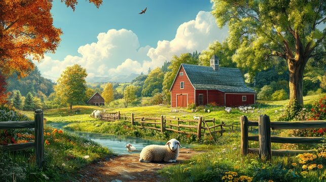 Idyllic Farm Scene with Sheep  Red Barn  and Creek