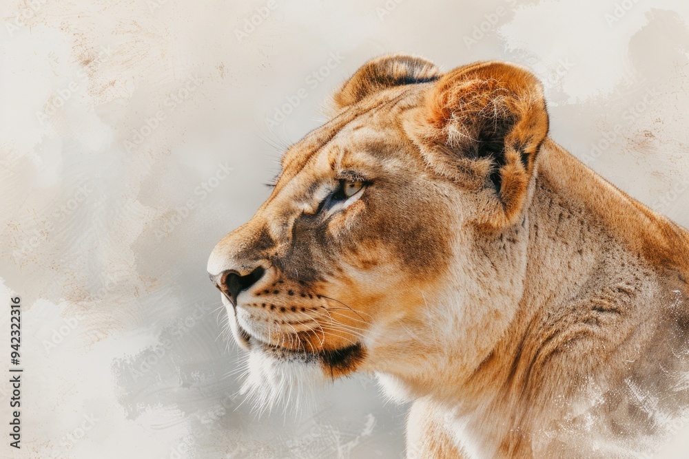Poster Close-up photo of a lion's face on a white background, ideal for use in editorial or commercial contexts where a regal or powerful image is needed
