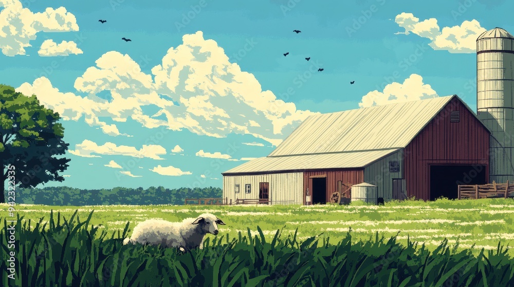 Wall mural rural farm scene with white sheep red barn and silo under blue sky