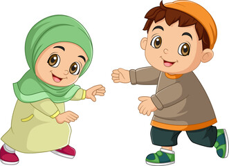 Happy muslim girl and boy cartoon