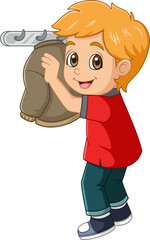 Cartoon little boy hanging jacket