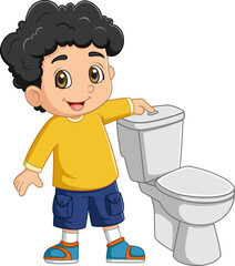 Cartoon little boy pushing flush button in toilet