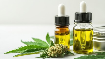 Cannabis CBD oil extracts in jars herb and leaves