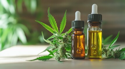 Cannabis CBD oil extracts in jars herb and leaves