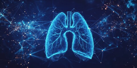 Fototapeta premium This digital artwork showcases a futuristic depiction of human lungs encircled by a vibrant neon sphere, symbolizing health care, protection, and medical progress in a captivating artistic style