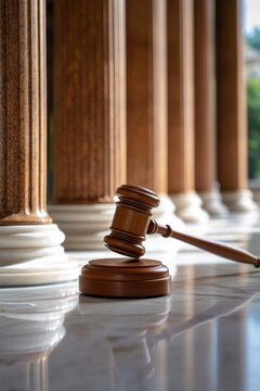 Wooden gavel resting on a marble surface in front of large columns, symbolizing justice, law, and court proceedings.