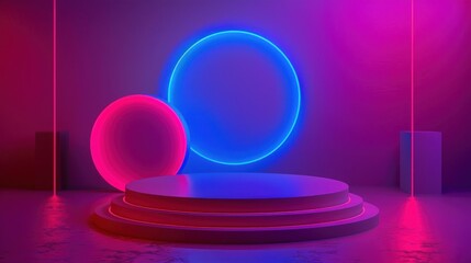 Obraz premium Futuristic stage with neon lights and dark background. Ideal for modern and vibrant presentations.