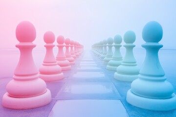 Colorful chess pawns lined up on a board with soft lighting effect