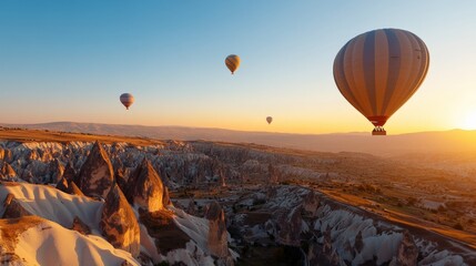 The mystical landscape of Cappadocia, Turkey, with hot air balloons drifting over its unique rock formations at sunrise