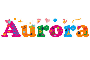 Aurora female name decorative lettering type design. Vector