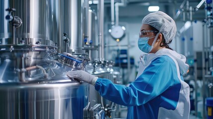 A worker wearing a blue lab coat, a face mask, and gloves opens a valve on a large stainless steel tank in a clean room.