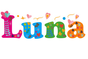 Luna female name decorative lettering type design. Vector