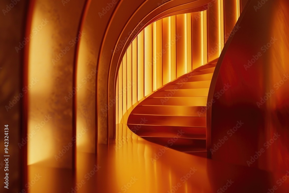 Poster a spiral staircase inside a building lit by warm orange lights, suitable for architecture or interio