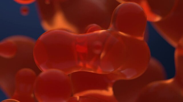 Lava lamp orange blue satisfying metaball bubbles floating as full screen background. Macro close up depth of field concept 3D animation backplate of elegant abstract decorative soothing oil balls.