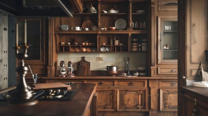 A cozy wooden kitchen with shelves, cookware, and a warm ambiance.