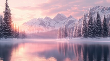 A beautiful mountain landscape with a calm lake in the foreground. The sky is pink and the mountains are covered in snow. The scene is peaceful and serene, with the trees