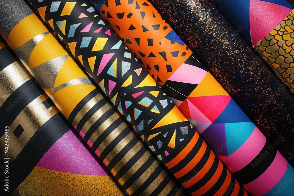 Poster a collection of colorful wrapping papers stacked together, great for creative projects and diy craft