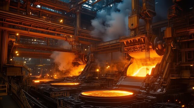 A factory with a lot of smoke and fire