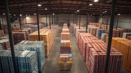 A warehouse with many pallets of beer stacked up. The pallets are of different colors and sizes