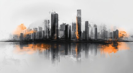 Obraz premium This vibrant abstract watercolor painting depicts a dynamic cityscape, embracing striking black and orange tones, capturing the lively essence of an urban environment brimming with movement