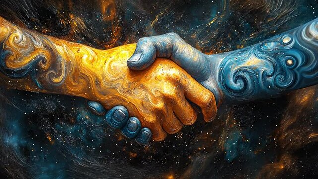 Two hands, one orange and one blue, shake in a display of unity and collaboration against a vibrant, swirling cosmic backdrop.