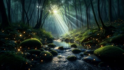 Tranquil Forest Waterfall in Lush Green Surroundings 4K Image