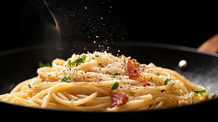 Fototapeta premium Delicious Pasta Carbonara with Parmesan Cheese and Black Pepper