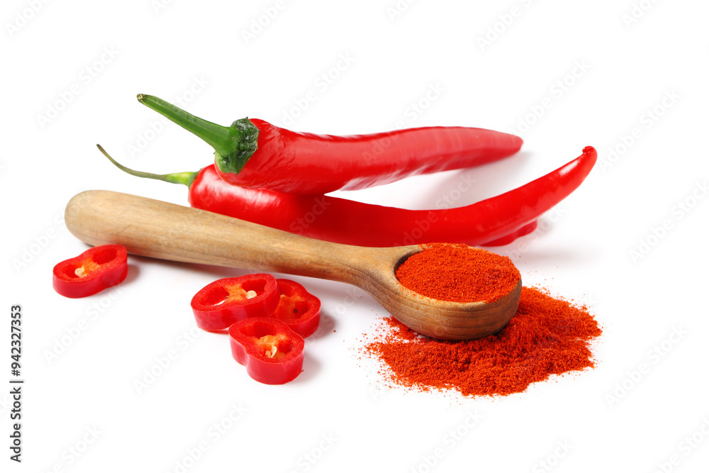 Wall mural hot chili pepper and spoon of ground on white background