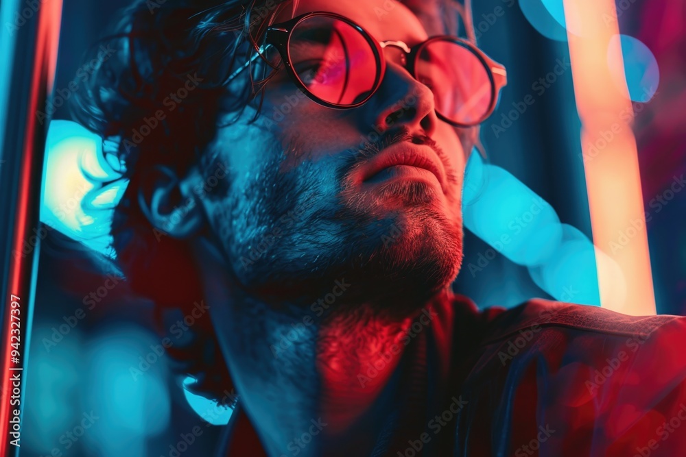 Poster A man with glasses holding a red light, suitable for use in scenes about learning or studying