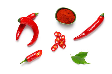 Hot chopped chili pepper and ground on white background. Top view
